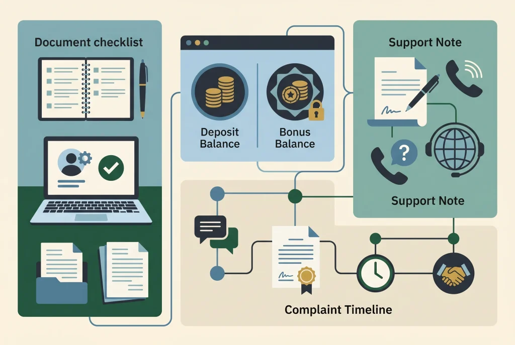 Bonus terms, withdrawal checks and complaint notes on a gambling account