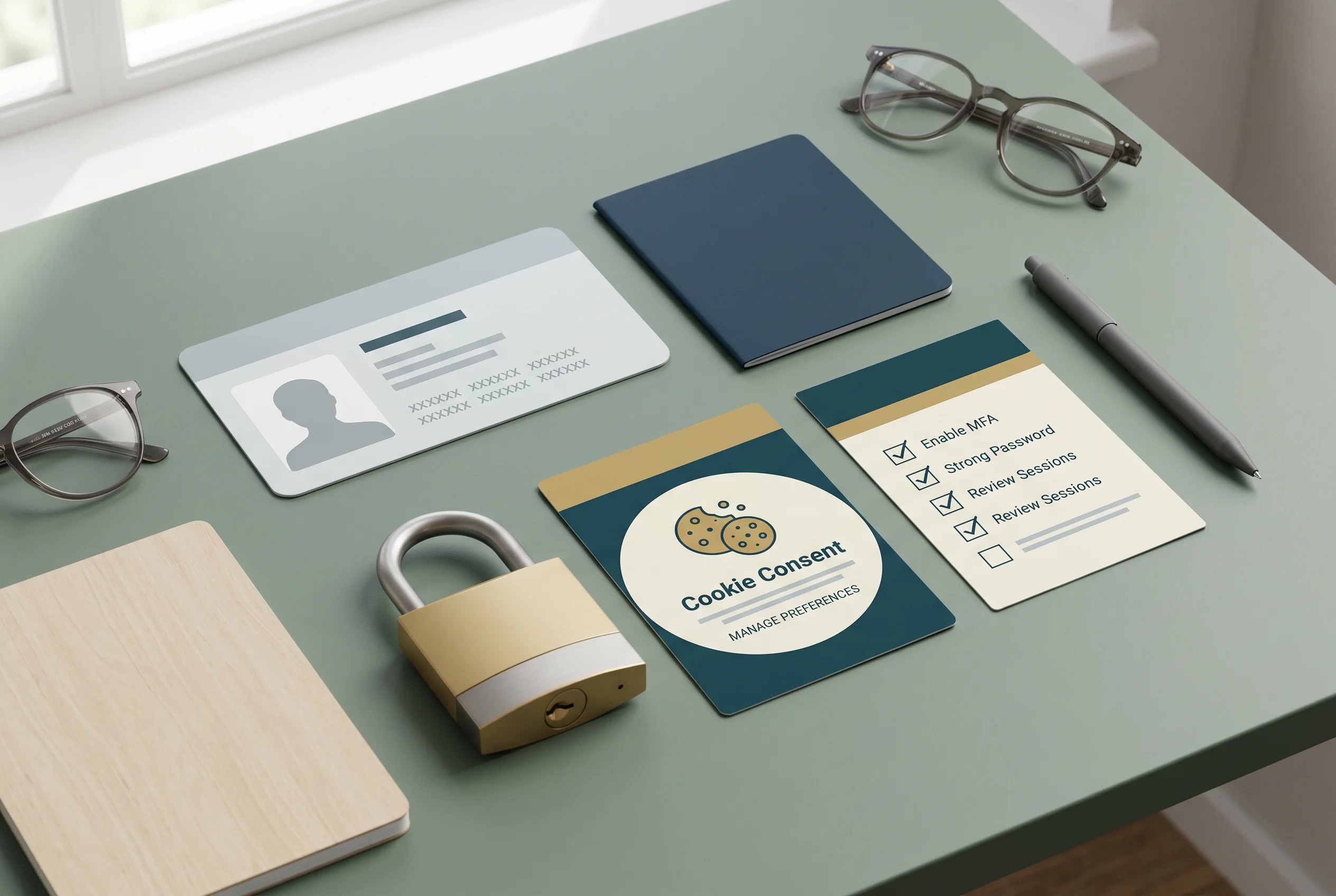 Identity documents and privacy notes arranged with a simple account security checklist
