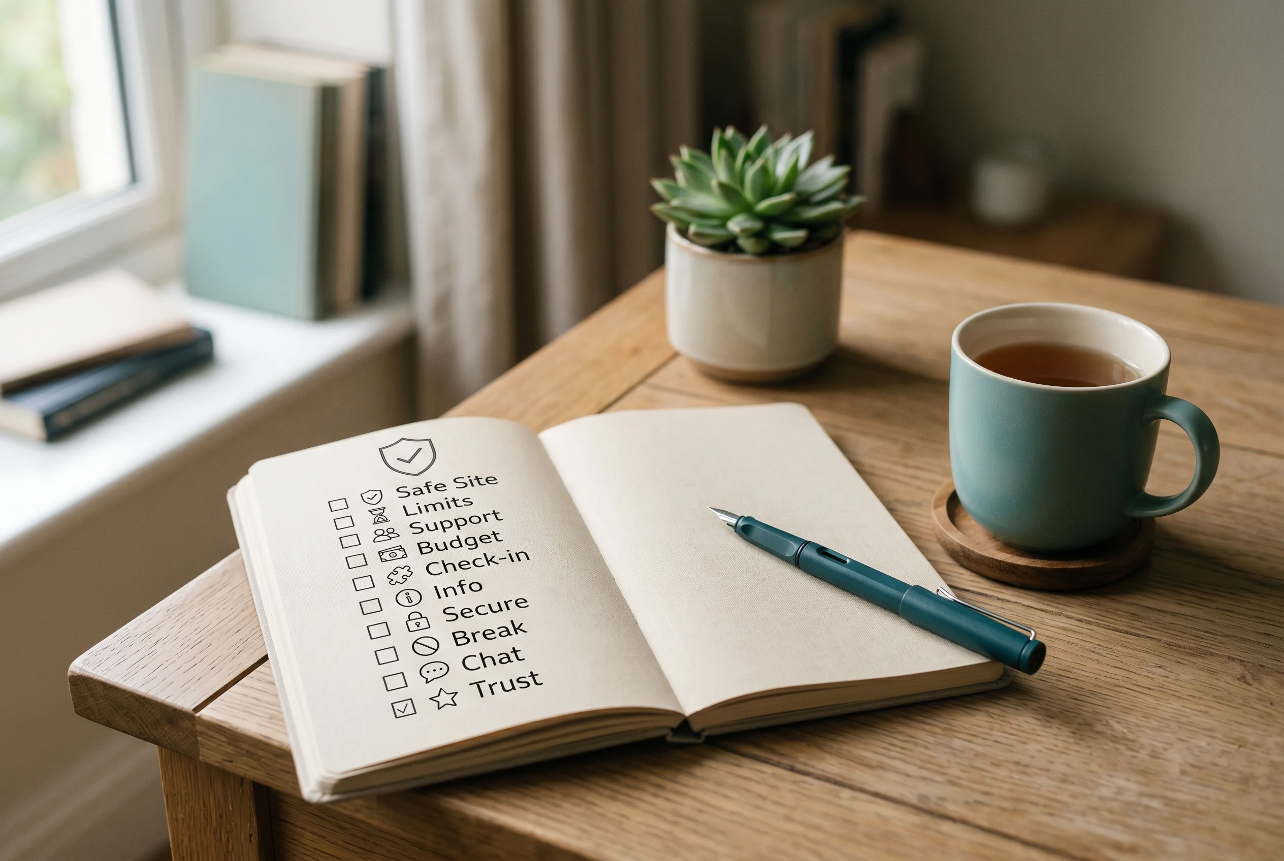 A calm desk scene showing a checklist for GAMSTOP coverage and online gambling checks