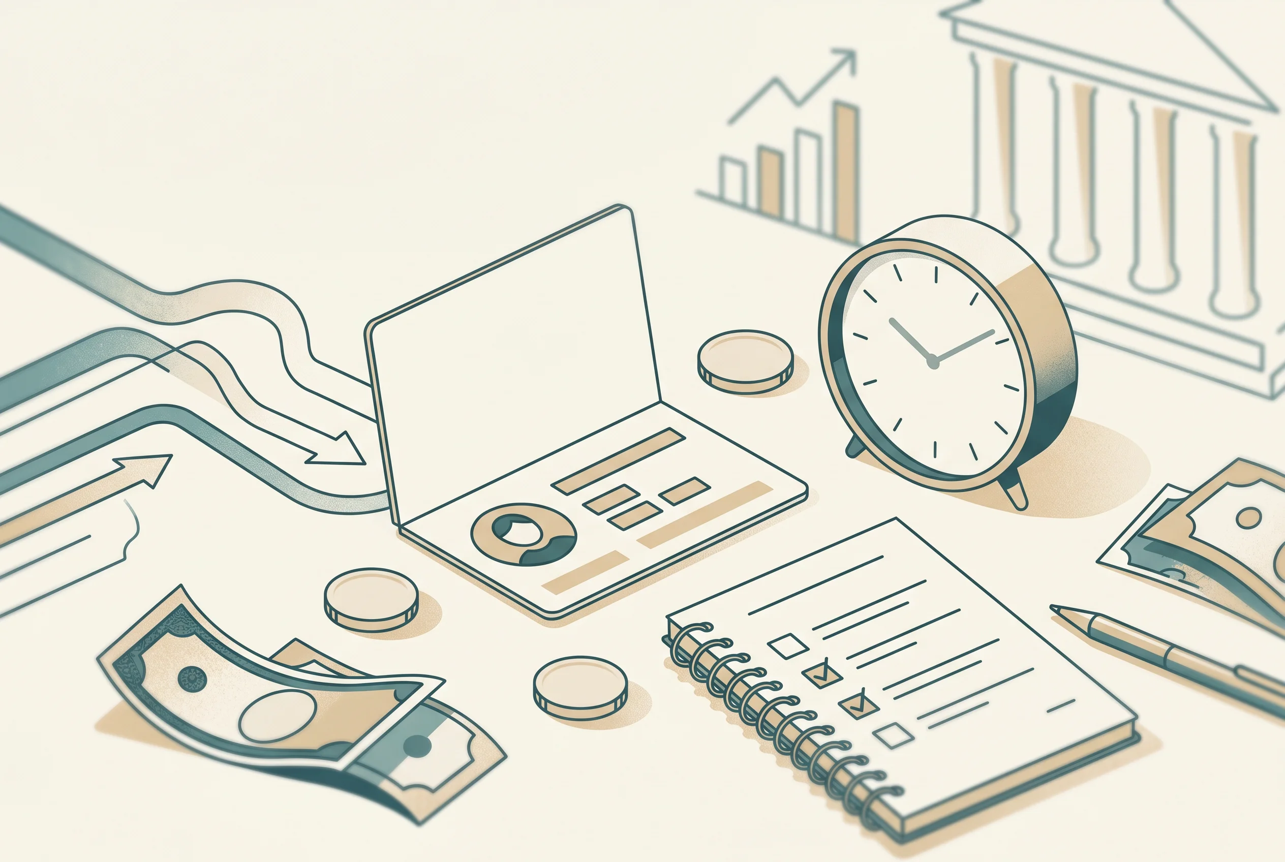 A calm visual of payment, identity and withdrawal checks arranged on a desk