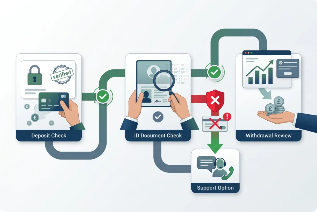 Deposit, identity verification and withdrawal checks shown as a cautious decision path