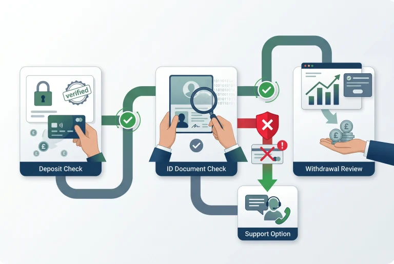 Deposit, identity verification and withdrawal checks shown as a cautious decision path